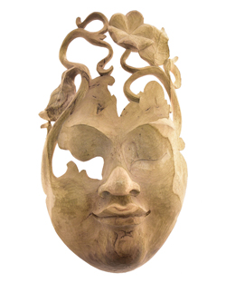 MASCHERA IN LEGNO SPECIAL MISURA MEDIA LADY CON FOGLIE CM 25X16 CIRCA