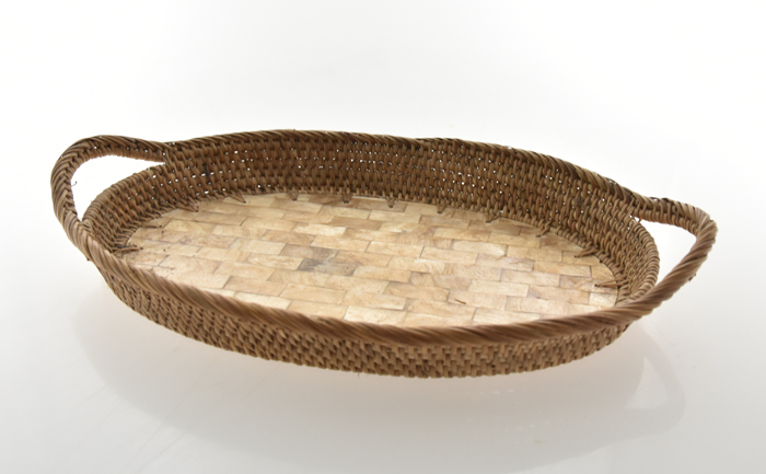 VASSOIO IN RATTAN CON MANICI E FONDO IN MADREPERLA MOSAICO CM 28X17 - Image 3