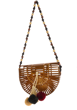 BORSA LONG HANDLE BALL MIX MEZZALUNA BAMBOE CON POMPOM 28X18X8 CM