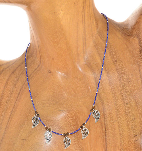 COLLANE TASSEL CORTE 15/O CIONDOLI 5 FOGLIE ARGENTO COMB PIETRA OCCHIO DI TIGRE - Image 3