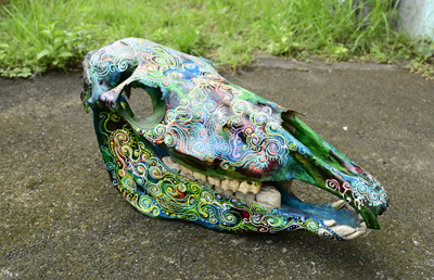 SCULTURA ASTRATTA TESCHIO IN OSSO DIPINTO CM 45X25X18