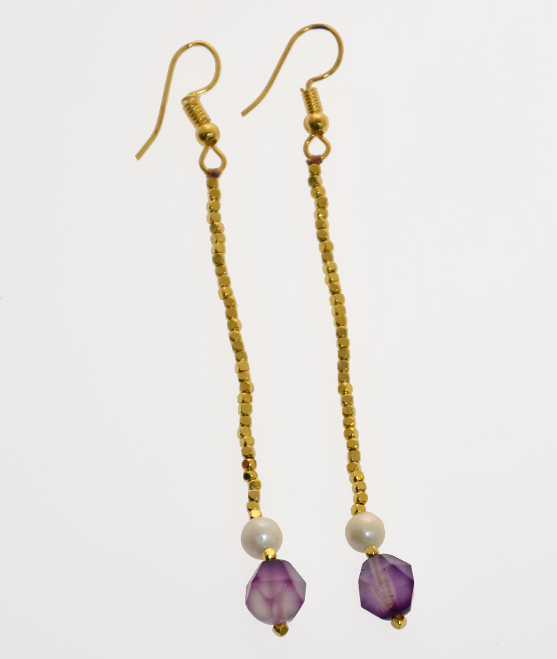 ORECCHINI CON PIETRE SFACCETTATE E PERLE DI FIUME CON CATENELLA LUNGA - Image 2