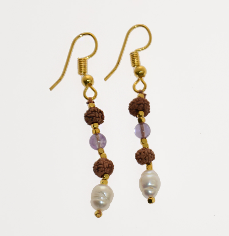 ORECCHINI CON PIETRE, RUDRASKA E PERLE DI FIUME CON CATENELLA - Image 2