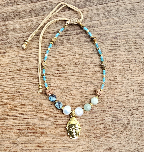 BRACCIALI LINEA SAMARKANDA CON PERLINE GIAPPONESI TURCHESE AFRICA, PIETRE DURE, PERLE DI FIUME, SEMI DI RUDRASKA E PENDENTE BUDDHA IN METALLO GOLD PLATED - Image 2