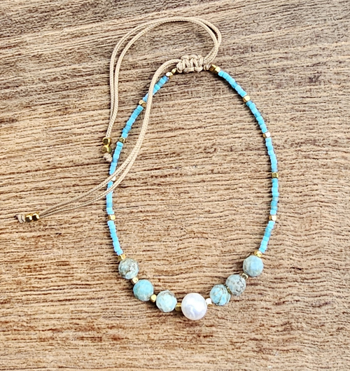 BRACCIALI LINEA SAMARKANDA CON PERLINE GIAPPONESI TURCHESE AFRICA E PERLE DI FIUME CON PERLINE IN OTTONE GOLD PLATED - Image 4