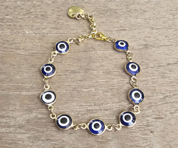 BRACCIALE DONNA CON CHIUSURA A CATENELLA REGOLABILE IN METALLO GOLD PLATED DEVIL EYES 9 OCCHI CON MOSCHETTONE E CUORICINO
