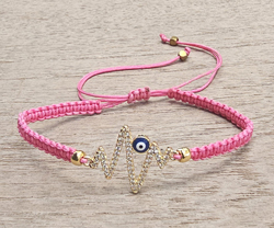 BRACCIALE FULL MACRAME' CON MEDAGLIA IN METALLO GOLD PLATED CON ZIRCONI E E CUORE PULSANTE CON DEVIL EYE