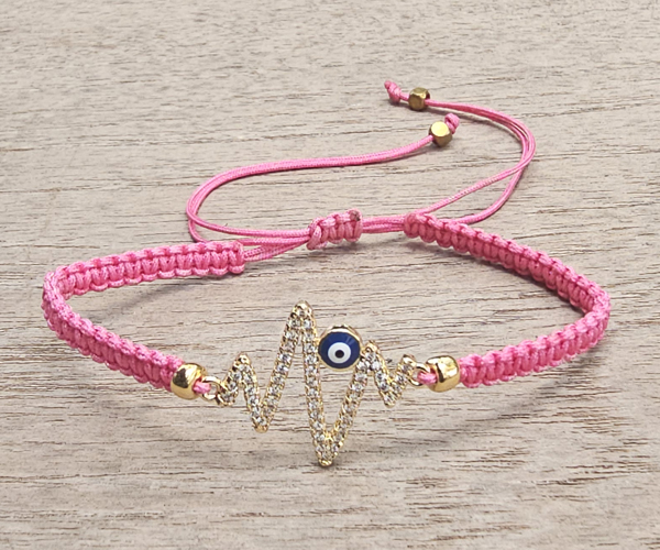 BRACCIALE FULL MACRAME' CON MEDAGLIA IN METALLO GOLD PLATED CON ZIRCONI E E CUORE PULSANTE CON DEVIL EYE - Image 2