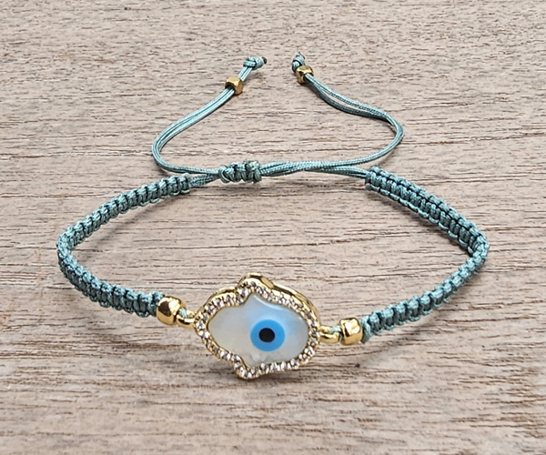 BRACCIALE FULL MACRAME' CON MEDAGLIA IN METALLO GOLD PLATED CON ZIRCONI E E CUORE PULSANTE CON DEVIL EYE - Image 2