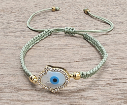 BRACCIALE FULL MACRAME' CON MEDAGLIA IN METALLO GOLD PLATED CON ZIRCONI E E CUORE PULSANTE CON DEVIL EYE