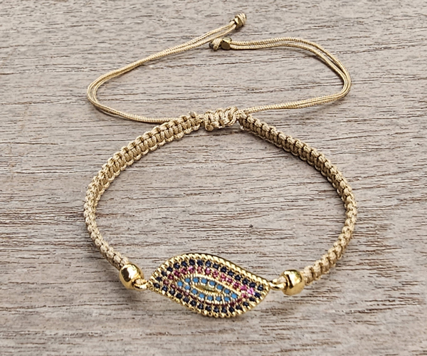 BRACCIALE FULL MACRAME' CON MEDAGLIA SU METALLO GOLD PLATED CON ZIRCONI DEVIL EYE - Image 5