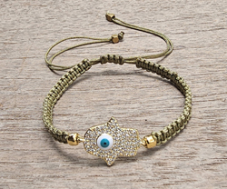 BRACCIALE FULL MACRAME' CON MEDAGLIA IN METALLO GOLD PLATED CON ZIRCONI MANO DI FATIMA E OCCHIO
