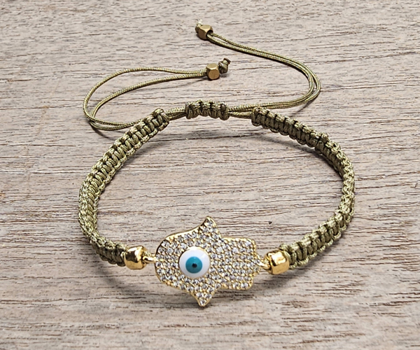 BRACCIALE FULL MACRAME' CON MEDAGLIA IN METALLO GOLD PLATED CON ZIRCONI MANO DI FATIMA E OCCHIO - Image 2