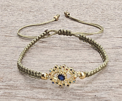 BRACCIALE FULL MACRAME' CON MEDAGLIA SU METALLO GOLD PLATED CON ZIRCONI DEVIL EYE