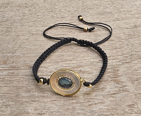 BRACCIALE FULL MACRAME' CON MEDAGLIA IN METALLO GOLD PLATED CON ZIRCONI E OVALE CONCHIGLIA ABALONE - Image 2