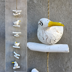 DECORAZIONE DA APPENDERE 3 UCCELLINI DODO IN LEGNO CON DRIFTWOOD E SASSI, CM 85