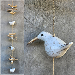 DECORAZIONE DA APPENDERE 3 UCCELLINI DODO PICCOLI IN LEGNO CON DRIFTWOOD E SASSI, CM 80
