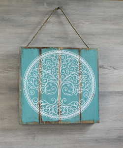 PANNELLO SERIGRAFATO SU LEGNO DIPINTO MANDALA E ALBERO DELLA VITA CM 30X30