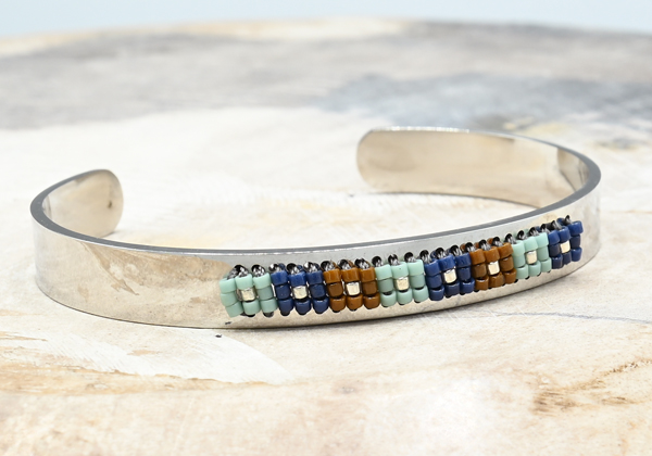 BRACCIALE PLATE BRASS SILVER PLATED CON PERLINE MIUKI 3 RIGHE SQUARE MOTIF - Image 5