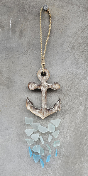 WIND CHIMES DA APPENDERE REALIZZATO IN LEGNO DIPINTO A MANO E VETRO RECICLATO CM 30 CIRCA CON PESCIOLINO - Image 3