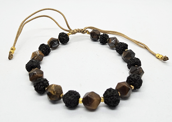 BRACCIALI CON PIETRA DURA SFACCETTATA 6 MM, RUDRASKA COLORATA E PERLINE IN OTTONE GOLD PLATED, CHIUSURA REGOLABILE - Image 2