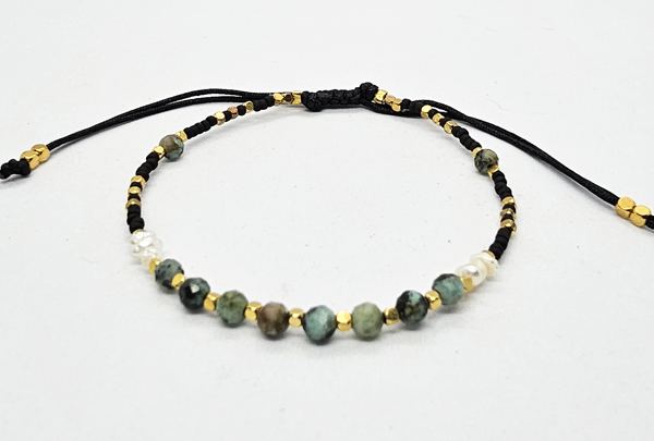 BRACCIALI LINEA SAMARKANDA CON PERLINE GIAPPONESI E PIETRE DURE TURCHESE AFRICA, PERLINE IN METALLO GOLD PLATED E PERLE DI FIUME 3 MM - Image 4