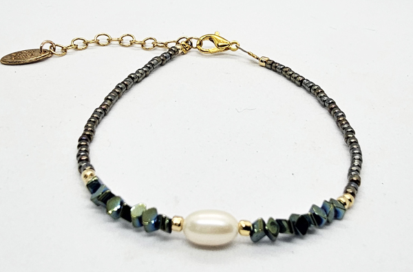 BRACCIALE COLLEZIONE EMATITE STONE CON PERLA DI FIUME A CHICCO DI RISO, PIETRE EMATITE FRASTAGLIATEE PERLINE GIAPPONESI MAZUNO 12/0 EMATITE A CILINDRO CON CATENELLA GOLD PLATED - Image 2