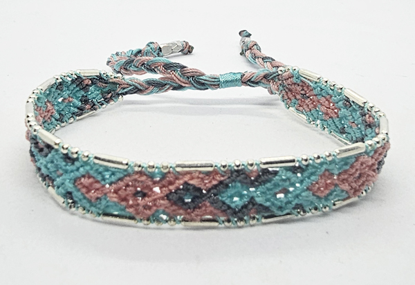 BRACCIALI IN TESSUTO COLORATO LAV. MACRAME CON CATENELLE IN OTTONE SILVER PLATED STILE RECEK KILIM RANTAE - Image 2