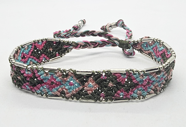 BRACCIALI IN TESSUTO COLORATO LAV. MACRAME CON CATENELLE IN OTTONE SILVER PLATED STILE RECEK KILIM RANTAE - Image 4