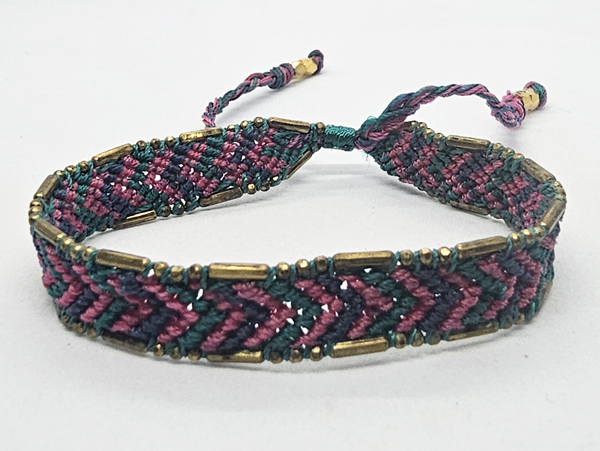 BRACCIALI IN TESSUTO COLORATO LAV. MACRAME CON CATENELLE IN OTTONE STILE RECEK KILIM RANTAE - Image 4