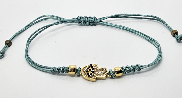 BRACCIALE TEMALI CON CORDINO COLORATO E MEDAGLIA IN METALLO GOLD PLATED CON ZIRCONI MANO DI FATIMA - Image 2