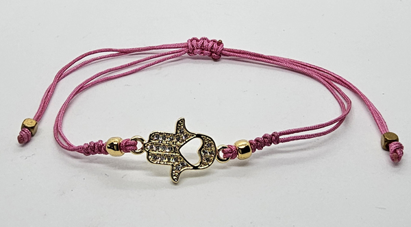 BRACCIALE TEMALI CON CORDINO COLORATO E MEDAGLIA IN METALLO GOLD PLATED CON ZIRCONI MANO DI FATIMA E CUORE - Image 2