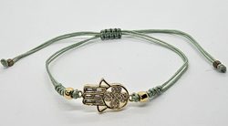 BRACCIALE TEMALI CON CORDINO COLORATO E MEDAGLIA IN METALLO GOLD PLATED CON ZIRCONI MANO DI FATIMA E CUORE