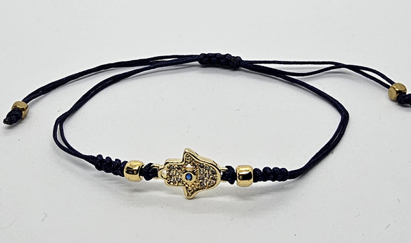 BRACCIALE TEMALI CON CORDINO COLORATO E MEDAGLIA IN METALLO GOLD PLATED CON ZIRCONI MANO DI FATIMA E OCCHIO - Image 2