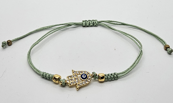 BRACCIALE TEMALI CON CORDINO COLORATO E MEDAGLIA IN METALLO GOLD PLATED CON ZIRCONI MANO DI FATIMA E OCCHIO - Image 3