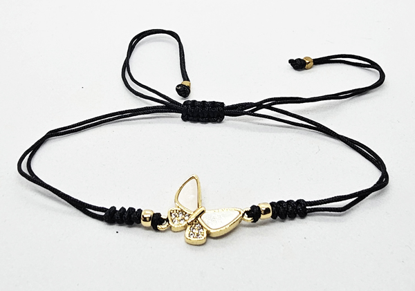 BRACCIALE TEMALI CON CORDINO COLORATO E MEDAGLIA IN METALLO GOLD PLATED CON ZIRCONI E MADREPERLA A FORMA DI FARFALLA - Image 2