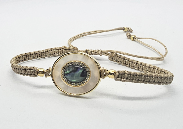BRACCIALE FULL MACRAME' CON MEDAGLIA IN METALLO GOLD PLATED CON ZIRCONI E OVALE CONCHIGLIA ABALONE - Image 4