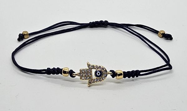 BRACCIALE TEMALI CON CORDINO COLORATO E MEDAGLIA IN METALLO GOLD PLATED CON ZIRCONI MANO DI FATIMA E OCCHIO - Image 4