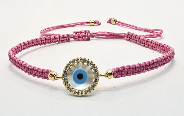 BRACCIALE FULL MACRAME' CON MEDAGLIA DEVIL EYE IN METALLO SMALTATO GOLD PLATED CON ZIRCONI E MADREPERLA - Image 2