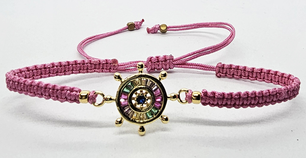 BRACCIALE FULL MACRAME' CON MEDAGLIA A FORMA DI TIMONE IN METALLO SMALTATO GOLD PLATED CON ZIRCONI - Image 2