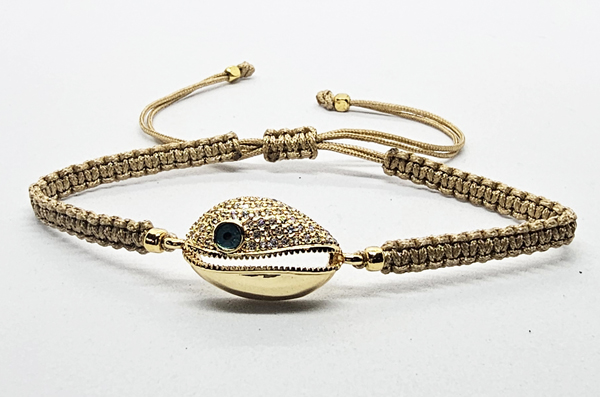 BRACCIALE FULL MACRAME' CON MEDAGLIA CONCHIGLIA CAORI CON OCCHIO IN METALLO GOLD PLATED CON ZIRCONI - Image 2