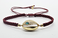 BRACCIALE FULL MACRAME' CON MEDAGLIA CONCHIGLIA CAORI CON OCCHIO IN METALLO GOLD PLATED CON ZIRCONI