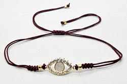 BRACCIALE TEMALI CON CORDINO COLORATO E MEDAGLIA IN METALLO GOLD PLATED CON ZIRCONI E MADREPERLA A FORMA DI OCCHIO