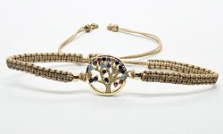 BRACCIALE FULL MACRAME' CON MEDAGLIA SU METALLO GOLD PLATED CON ZIRCONI CERCHIO CON ALBERO DELLA VITA