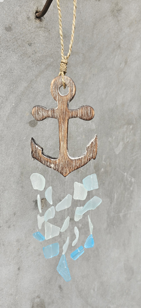 WIND CHIMES DA APPENDERE REALIZZATO IN LEGNO DIPINTO A MANO E VETRO RECICLATO CM 30 CIRCA CON PESCIOLINO - Image 5