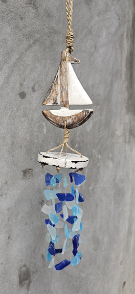 WIND CHIMES DA APPENDERE REALIZZATO IN LEGNO DIPINTO A MANO E VETRO RECICLATO CM 30 CIRCA CON PESCIOLINO - Image 7