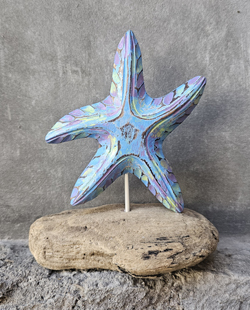 STELLA MARINA  INTARSIATA E DIPINTO A MANO CON COLORI ASTRATTI SU LEGNO  DRIFT WOOD DI CM 14X4 CIRCA