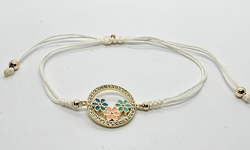 BRACCIALE STRING CON CON CERCHIO CON FIORI COLORATI E ZIRCONI SU METALLO GOLD PLATED