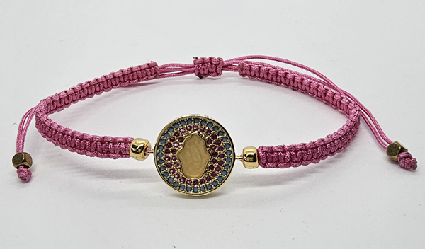 BRACCIALE FULL MACRAME' CON MEDAGLIA SU METALLO GOLD PLATED CON ZIRCONI CERCHIO CON MANO DI FATIMA - Image 2