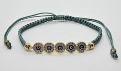 BRACCIALE FULL MACRAME' CON MEDAGLIA IN METALLO GOLD PLATED CON ZIRCONI CINQUINA DI DEVIL EYES